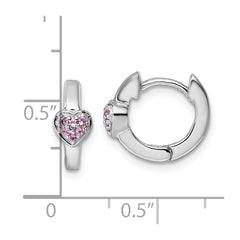 QE18246 Sterling Silver Rhodium-plated Polished Pink CZ Heart 2mm x 11mm Hinged Hoop Earrings