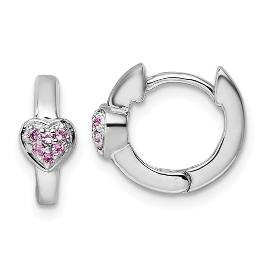 QE18246 Sterling Silver Rhodium-plated Polished Pink CZ Heart 2mm x 11mm Hinged Hoop Earrings