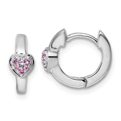 QE18246 Sterling Silver Rhodium-plated Polished Pink CZ Heart 2mm x 11mm Hinged Hoop Earrings