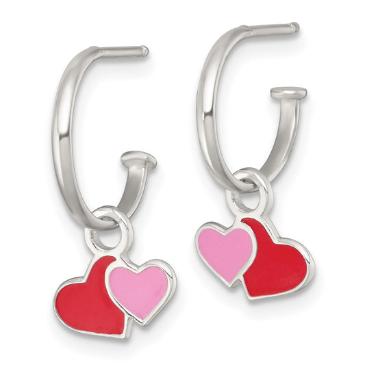 QE18248 Sterling Silver Polished Red and Pink Enameled Hearts Dangle Childrens C-Hoop Post Earrings