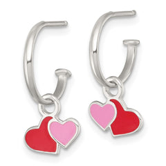 QE18248 Sterling Silver Polished Red and Pink Enameled Hearts Dangle Childrens C-Hoop Post Earrings