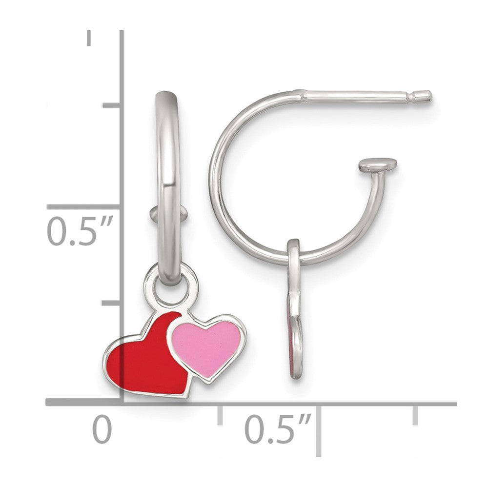 QE18248 Sterling Silver Polished Red and Pink Enameled Hearts Dangle Childrens C-Hoop Post Earrings