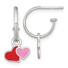 QE18248 Sterling Silver Polished Red and Pink Enameled Hearts Dangle Childrens C-Hoop Post Earrings