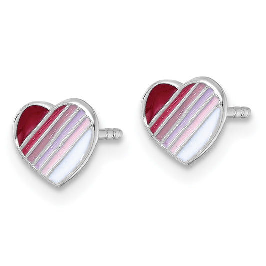 QE18249 Sterling Silver Madi K Rhodium-plated Enameled Striped Heart Childrens Post Earrings