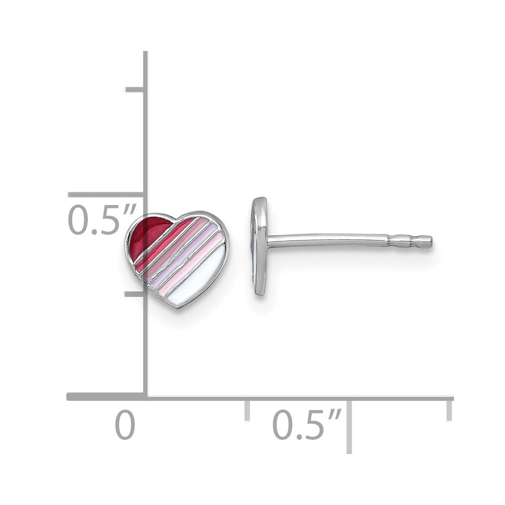 QE18249 Sterling Silver Madi K Rhodium-plated Enameled Striped Heart Childrens Post Earrings