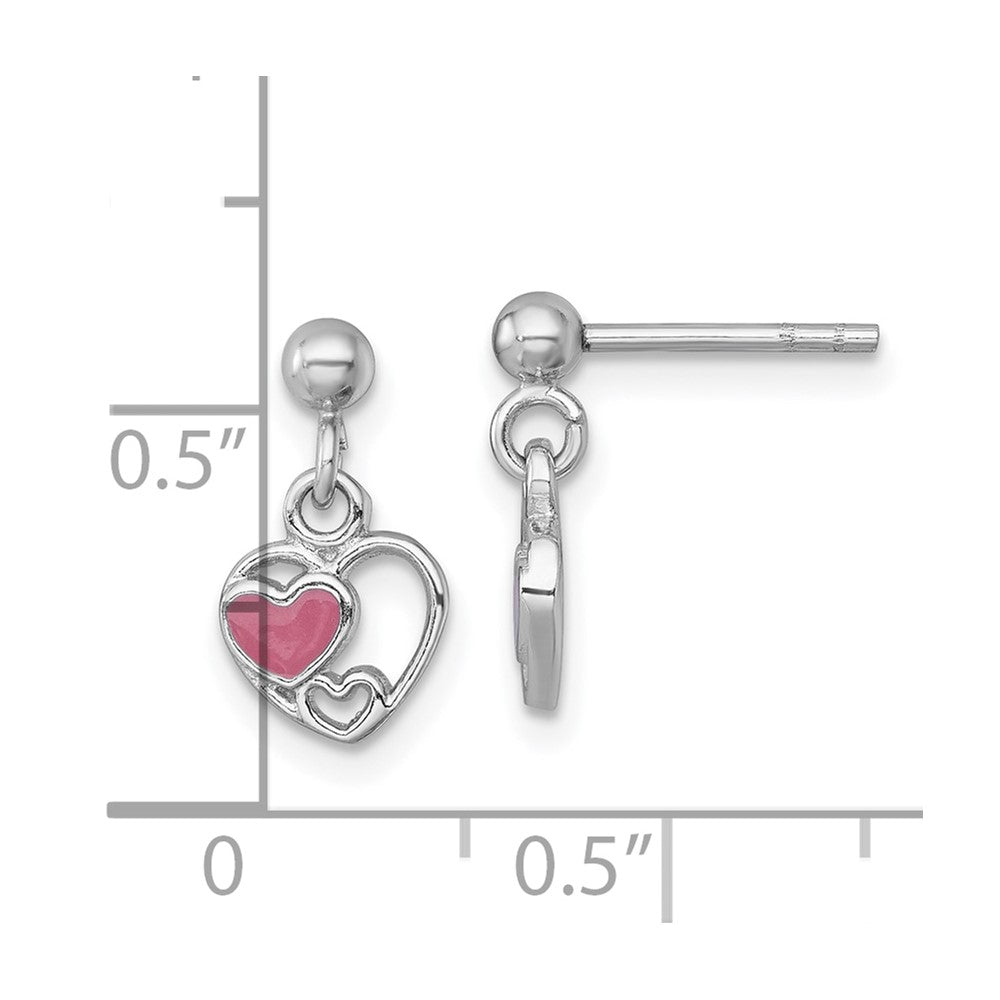 QE18250 Sterling Silver Rhodium-plated Polished with Pink Enamel Triple Heart Post Dangle Earrings