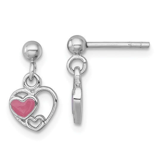 QE18250 Sterling Silver Rhodium-plated Polished with Pink Enamel Triple Heart Post Dangle Earrings