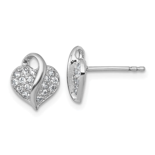 QE18251 Sterling Silver Rhodium-plated Polished Pave CZ Heart Childrens Post Earrings