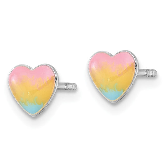 QE18253 Sterling Silver Madi K Rhodium-plated Enameled Pastel Rainbow Heart Childrens Post Earrings
