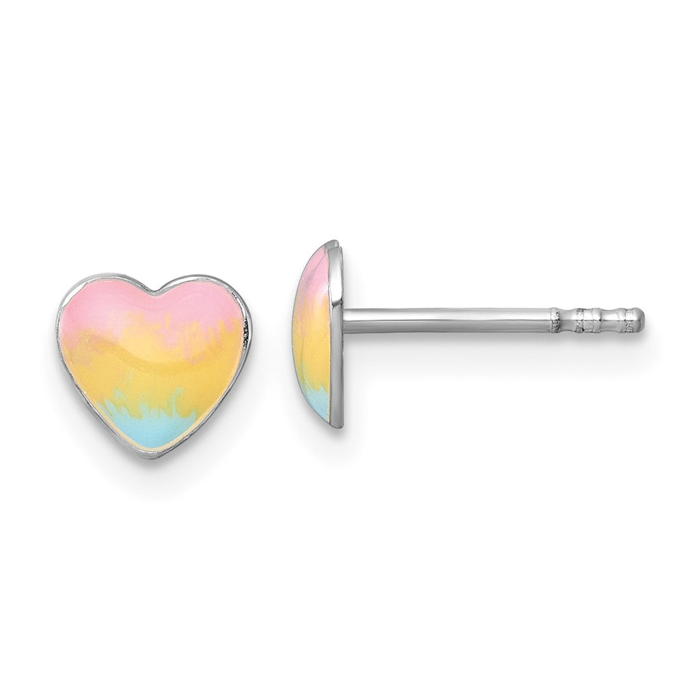 QE18253 Sterling Silver Madi K Rhodium-plated Enameled Pastel Rainbow Heart Childrens Post Earrings