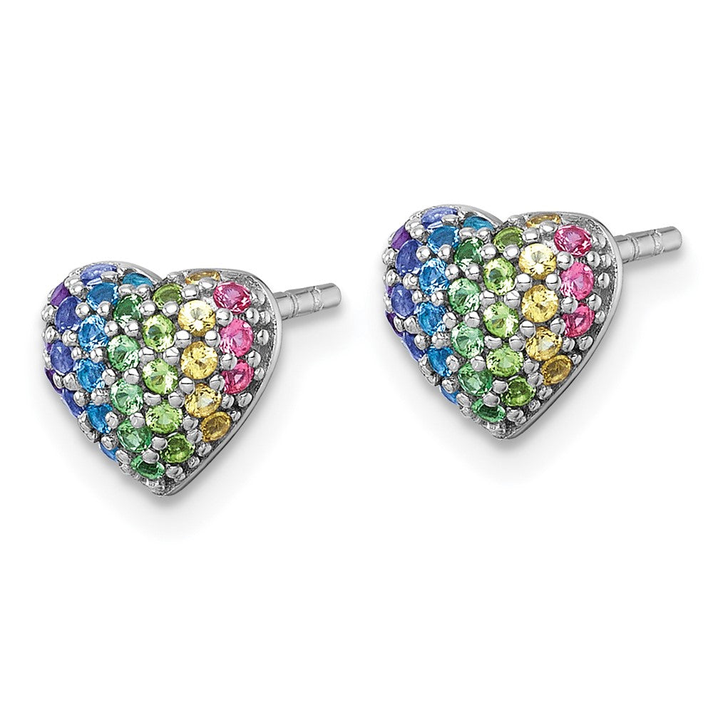 QE18254 Sterling Silver Rhodium-plated Polished Rainbow Nano Crystals Heart Shape Childrens Post Earrings