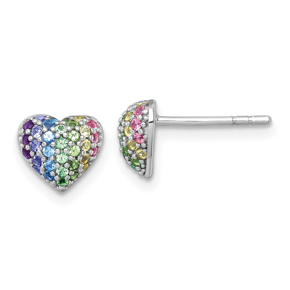 QE18254 Sterling Silver Rhodium-plated Polished Rainbow Nano Crystals Heart Shape Childrens Post Earrings