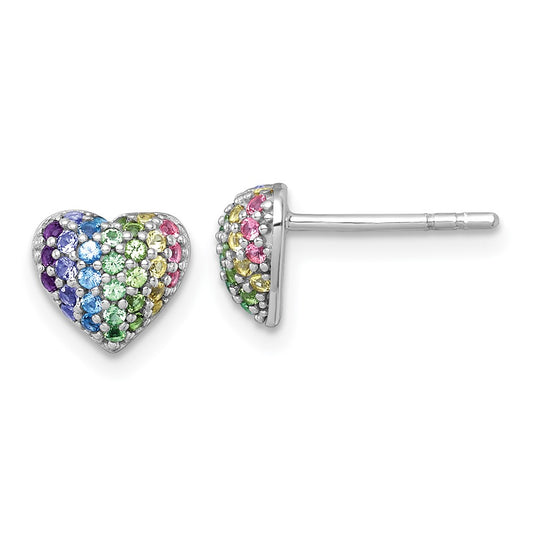 QE18254 Sterling Silver Rhodium-plated Polished Rainbow Nano Crystals Heart Shape Childrens Post Earrings