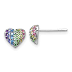 QE18254 Sterling Silver Rhodium-plated Polished Rainbow Nano Crystals Heart Shape Childrens Post Earrings
