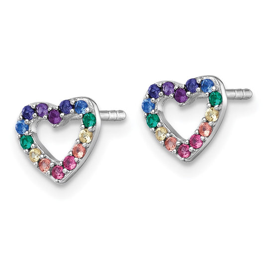 QE18255 Sterling Silver Rhodium-plated Polished Rainbow Nano Crystals Open Heart Shape Childrens Post Earrings
