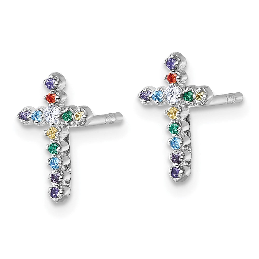 QE18256 Sterling Silver Rhodium-plated Polished Multi-color CZ Cross Post Earrings