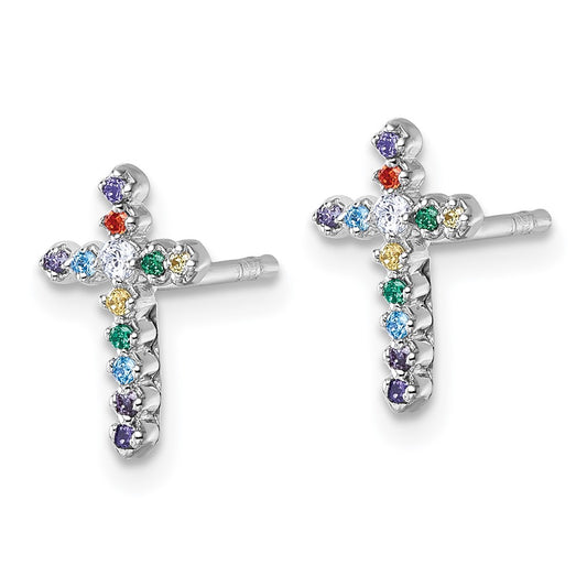 QE18256 Sterling Silver Rhodium-plated Polished Multi-color CZ Cross Post Earrings