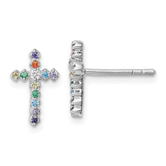 QE18256 Sterling Silver Rhodium-plated Polished Multi-color CZ Cross Post Earrings