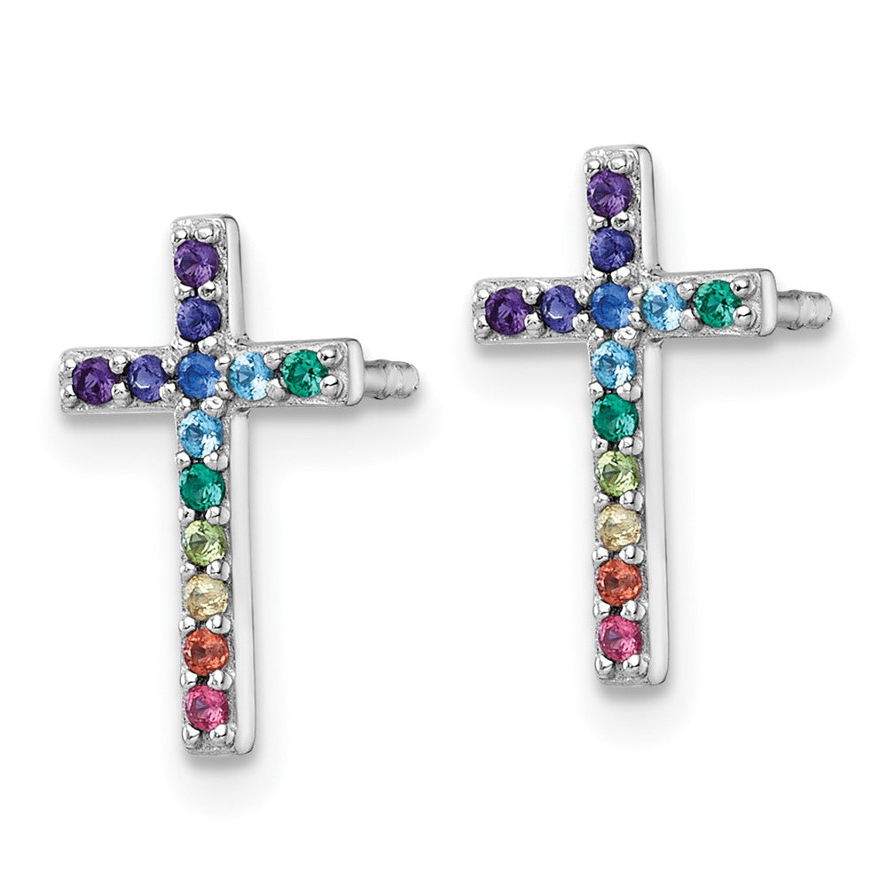 QE18257 Sterling Silver Rhodium-plated Polished Rainbow Nano Crystals Childrens Cross Post Earrings