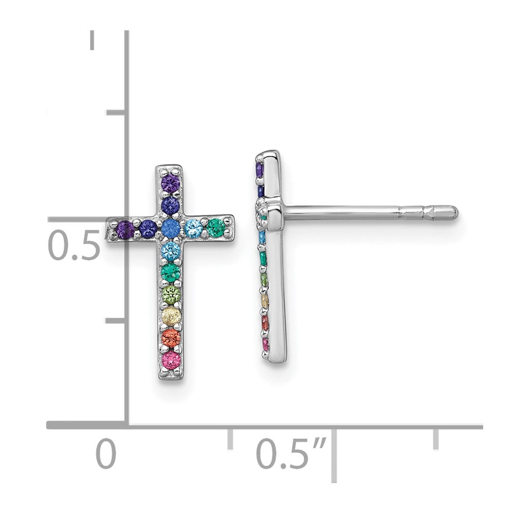 QE18257 Sterling Silver Rhodium-plated Polished Rainbow Nano Crystals Childrens Cross Post Earrings