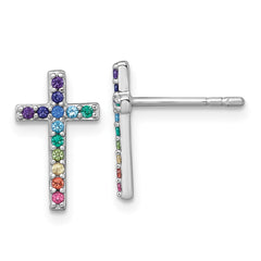 QE18257 Sterling Silver Rhodium-plated Polished Rainbow Nano Crystals Childrens Cross Post Earrings