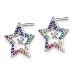 QE18258 Sterling Silver Rhodium-plated Polished Rainbow Nano Crystals Star with Mini Star Dangle Childrens Post Earrings