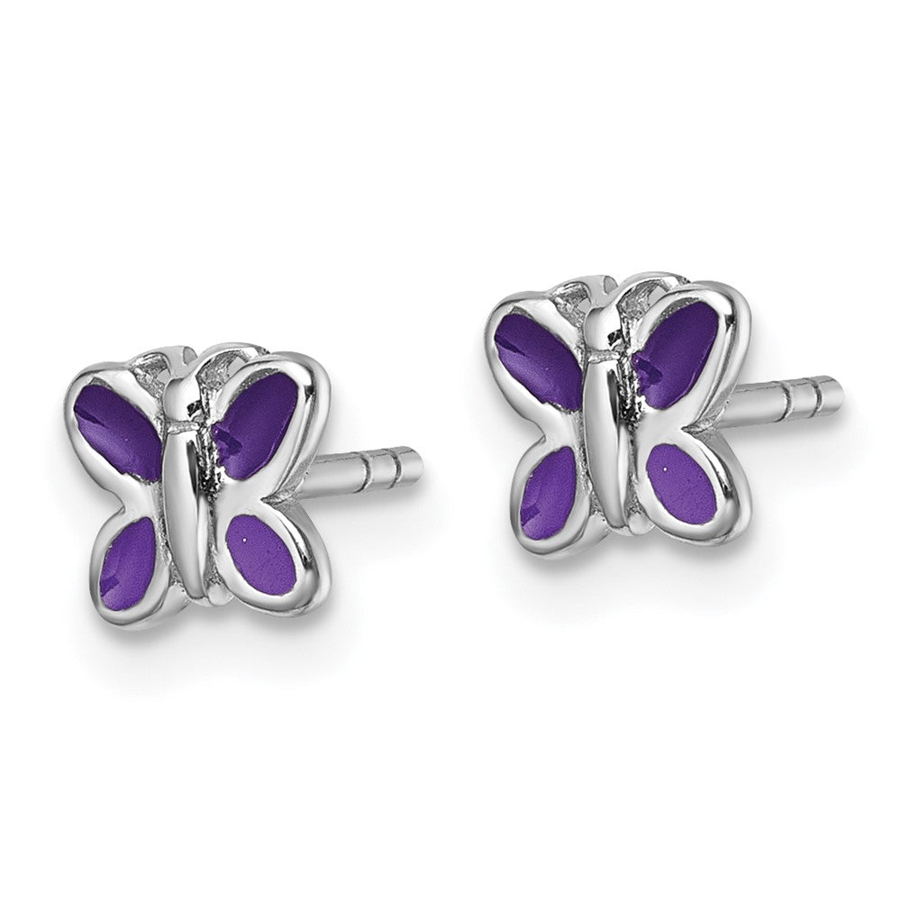 QE18259 Sterling Silver Rhodium-plated Children's Purple Enamel Butterfly Post Earrings