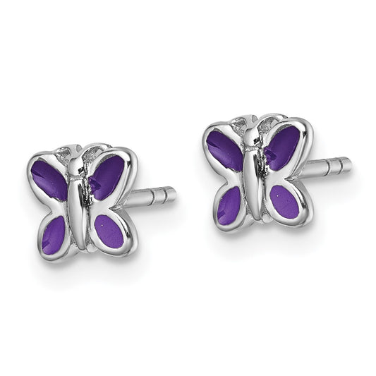 QE18259 Sterling Silver Rhodium-plated Children's Purple Enamel Butterfly Post Earrings