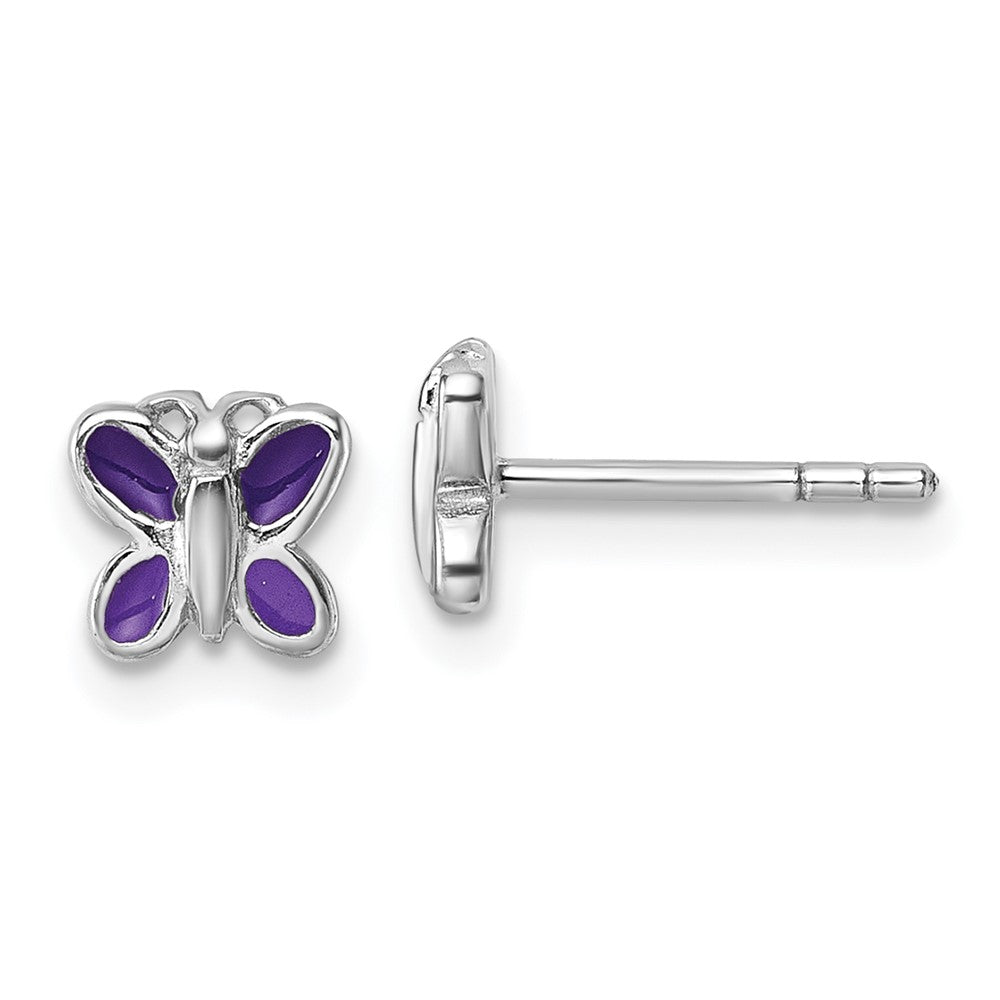 QE18259 Sterling Silver Rhodium-plated Children's Purple Enamel Butterfly Post Earrings