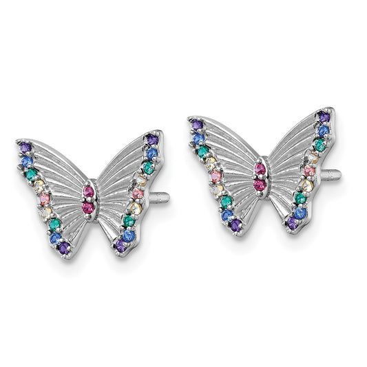 QE18261 Sterling Silver Rhodium-plated Polished Rainbow Nano Crystals Butterfly Childrens Post Earrings