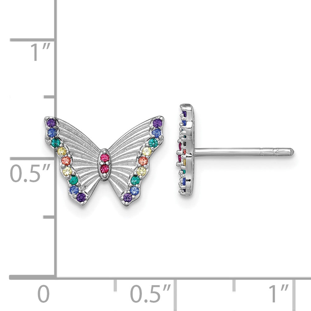QE18261 Sterling Silver Rhodium-plated Polished Rainbow Nano Crystals Butterfly Childrens Post Earrings