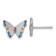 QE18261 Sterling Silver Rhodium-plated Polished Rainbow Nano Crystals Butterfly Childrens Post Earrings