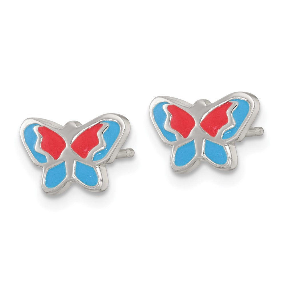 QE18262 Sterling Silver Polished Orange and Blue Enameled Butterfly Childrens Post Earrings