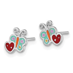 QE18263 Sterling Silver Rhodium-plated Polished Green/Yellow/Orange/Red Enamel Butterfly And Heart Childrens Post Earrings