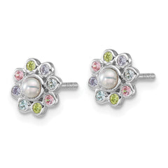 QE18266 Sterling Silver Rhodium-plated Polished Green, Pink, Blue and Purple CZ and Freshwater Cultured Pearl Flower Post Earrings