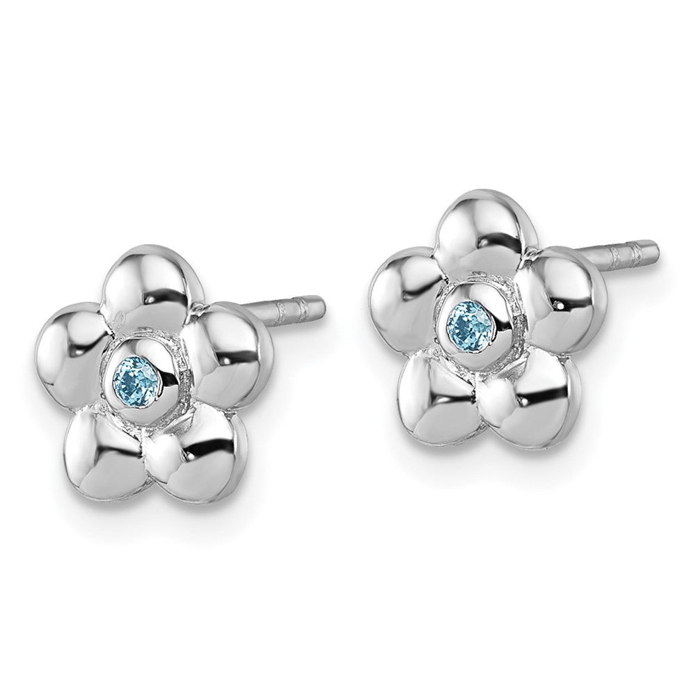 QE18267 Sterling Silver Rhodium-plated Polished Blue CZ Flower Post Earrings