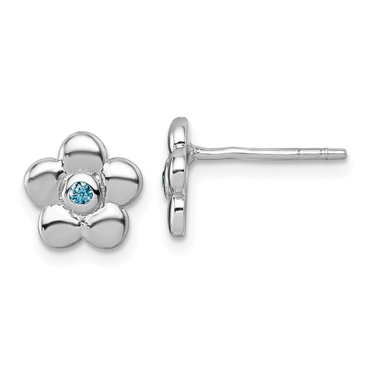 QE18267 Sterling Silver Rhodium-plated Polished Blue CZ Flower Post Earrings