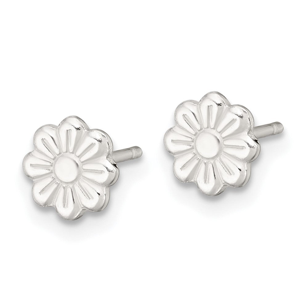 QE18268 Sterling Silver Polished and Grooved Flower Childrens Post Earrings