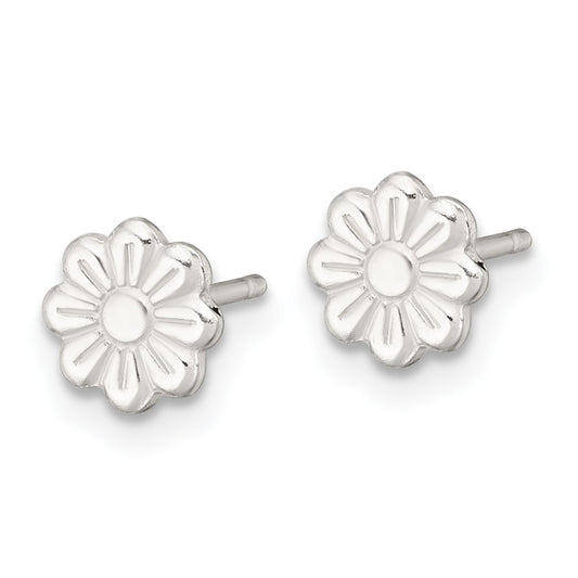 QE18268 Sterling Silver Polished and Grooved Flower Childrens Post Earrings