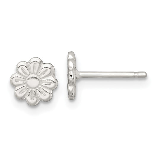 QE18268 Sterling Silver Polished and Grooved Flower Childrens Post Earrings