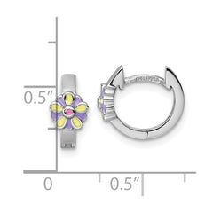 QE18269 Sterling Silver Rhodium-plated Children's Purple, Yellow and Pink Enamel Flower Hinged Hoop Earrings