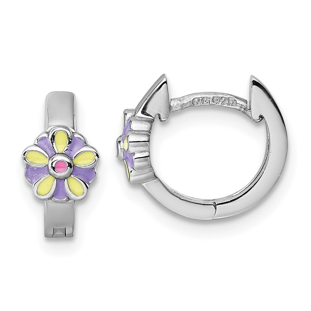 QE18269 Sterling Silver Rhodium-plated Children's Purple, Yellow and Pink Enamel Flower Hinged Hoop Earrings