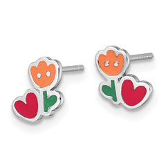QE18270 Sterling Silver Rhodium-plated Polished Orange/Red/Green Enamel Flower With Heart Childrens Post Earrings