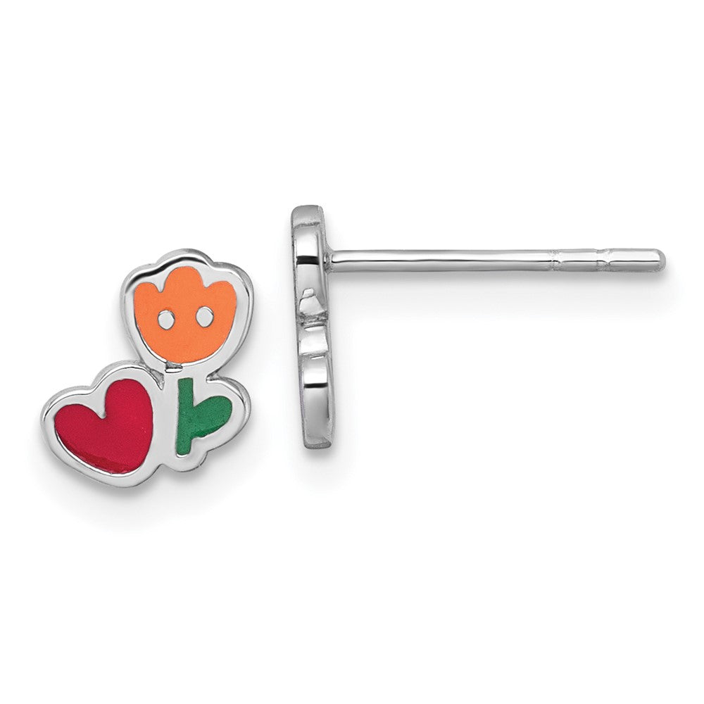 QE18270 Sterling Silver Rhodium-plated Polished Orange/Red/Green Enamel Flower With Heart Childrens Post Earrings