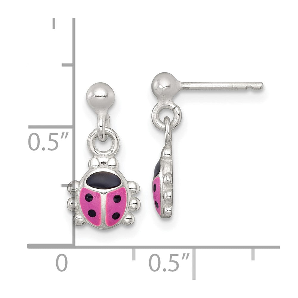 QE18271 Sterling Silver Polished Pink and Black Enameled Ladybug Dangle Childrens Post Earrings