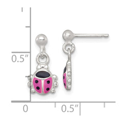 QE18271 Sterling Silver Polished Pink and Black Enameled Ladybug Dangle Childrens Post Earrings
