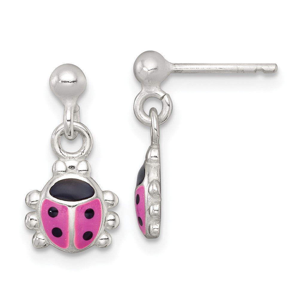 QE18271 Sterling Silver Polished Pink and Black Enameled Ladybug Dangle Childrens Post Earrings
