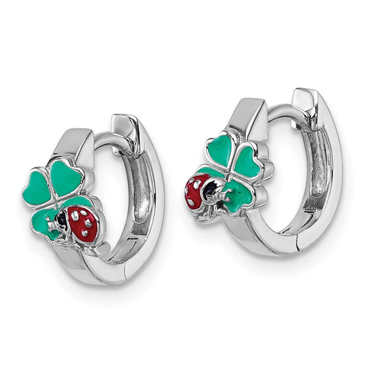 QE18272 Sterling Silver Rhodium-plated Children's Green, Red and Black Enamel Ladybug 4-Leaf Clover Hinged Hoop Earrings
