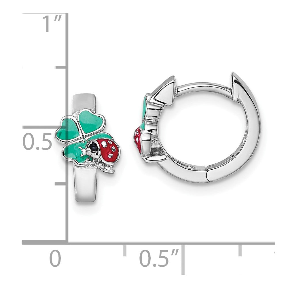 QE18272 Sterling Silver Rhodium-plated Children's Green, Red and Black Enamel Ladybug 4-Leaf Clover Hinged Hoop Earrings