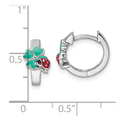 QE18272 Sterling Silver Rhodium-plated Children's Green, Red and Black Enamel Ladybug 4-Leaf Clover Hinged Hoop Earrings